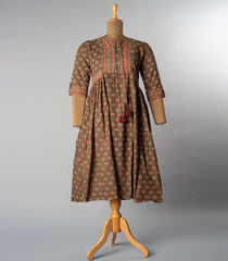 Soil Brown Cotton Floral Dress-Brown