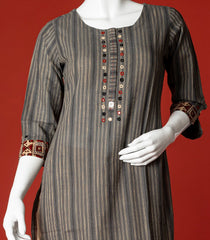 Mirror Work Steel Grey Striped Kurti -Grey