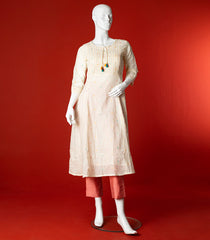 Off White A-Line Embroidered Kurti And Tassle Detailing-Off White