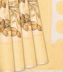 Cream Handwoven Banarasi Oganza Silk Saree With Printed Floral Motifs-Cream