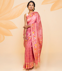 Dusty Pink Handloom Organza Silk Saree With Checks-Dusty Pink