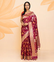 Pink Handloom Organza Silk Saree With Floral Vine Motifs-Pink