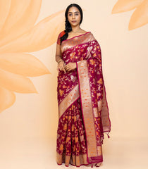 Pink Handloom Organza Silk Saree With Floral Vine Motifs-Pink