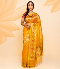 Mustard Handloom Organza Silk Saree With Broken Stripes-Mustard