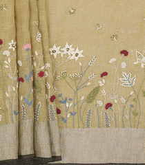 Beige Handwoven Linen Saree With Hand Embroidered Floral Borders