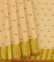 Beige Handwoven Linen Saree With Butta & Contrast Yellow Border & Pallu-Beige