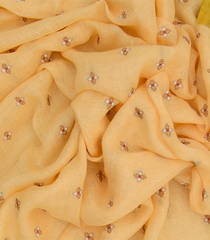 Beige Handwoven Linen Saree With Butta & Contrast Yellow Border & Pallu-Beige