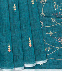 Cyan Handloom Linen Saree With Leaf Embroidery-Cyan