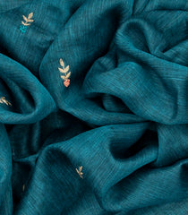 Cyan Handloom Linen Saree With Leaf Embroidery-Cyan