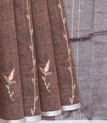 Brown Handloom Linen Saree With Floral Vine Embroidery-Brown