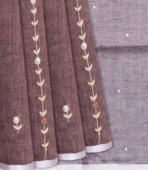 Brown Handloom Linen Saree With Floral Stripes Embroidery-Brown