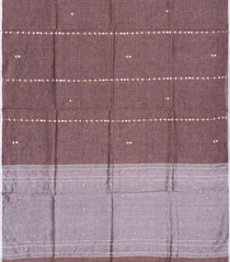 Brown Handloom Linen Saree With Floral Stripes Embroidery-Brown