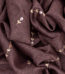 Brown Handloom Linen Saree With Floral Stripes Embroidery-Brown