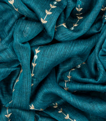 Cyan Handloom Linen Saree With Floral Stripes Embroidery-Cyan