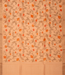 Cream Handloom Printed Linen Saree With Floral Motifs-Cream