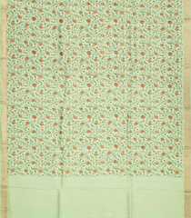 Mint Green Handloom Printed Linen Saree With Floral Motifs-Mint Green