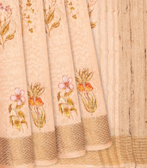 Baby Pink Handloom Printed Linen Saree With Floral Motifs-Baby Pink