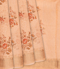 Baby Pink Handloom Printed Linen Saree With Rose Motifs-Baby Pink