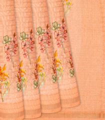 Light Peach Handloom Linen Saree With Printed Floral Motifs-Light Peach