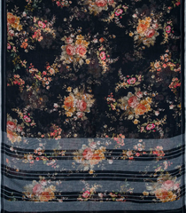 Black Linen Saree With Printed Floral motifs-Black