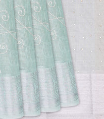 Mint Green Woven Linen Saree With Embroidered Floral Motifs-Mint Green