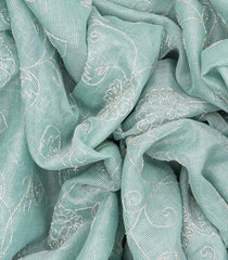 Mint Green Woven Linen Saree With Embroidered Floral Motifs-Mint Green