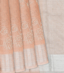 Light Peach Woven Linen Saree With Embroidered Floral Motifs-Light Peach