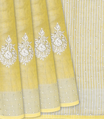 Yellow Woven Linen Saree With Embroidered Floral Motifs-Yellow