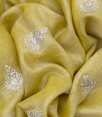 Yellow Woven Linen Saree With Embroidered Floral Motifs-Yellow