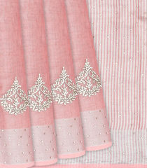 Baby Pink Woven Linen Saree With Embroidered Floral Motifs-Baby Pink