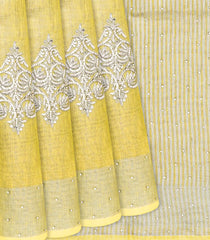 Yellow Woven Linen Saree With Embroidered Floral Motifs-Yellow