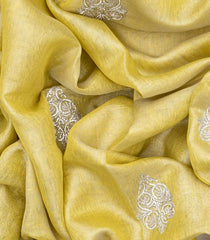 Yellow Woven Linen Saree With Embroidered Floral Motifs-Yellow