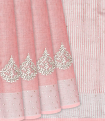 Baby Pink Woven Linen Saree With Embroidered Floral Motifs-Baby Pink