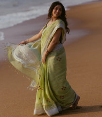 Neon Green Handloom Linen Saree With Printed Lotus Motifs-Neon Green