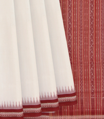 Off White Handwoven Orissa Cotton Saree With Vine & Small Motifs in Contrast Red Border & Pallu-Off White