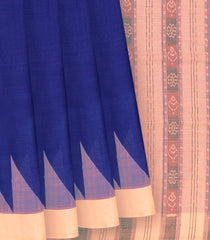 Blue Handwoven Orissa Cotton Saree With Dotted Stripes in Contrast Beige Border & Pallu-Blue