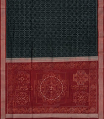 Black Handloom Orissa Silk Saree With Floral Motifs & Crimson Border-Black