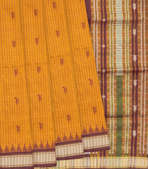 Mustard Handloom Orissa Silk Saree With Checks & Maroon Temple Border-Mustard