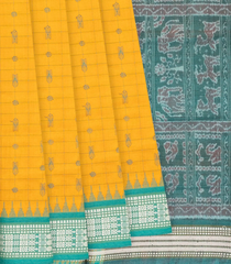 Mango Yellow Handloom Orissa Silk Saree With Checks & Fish Motifs-Mango Yellow