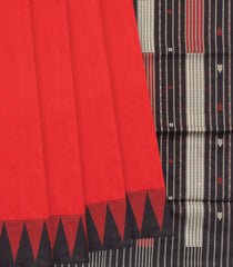 Red Handloom Orissa Silk Saree With Temple Border & Stripped Pallu-Red