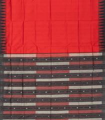 Red Handloom Orissa Silk Saree With Temple Border & Stripped Pallu-Red