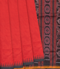 Red Handloom Orissa Silk Saree With Elephant & Floral Motifs In Pallu-Red