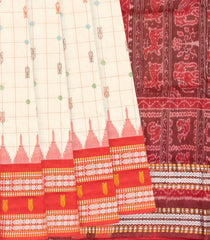 Cream Handloom Orissa Silk Saree With Checks & Contrast Red Border-Cream