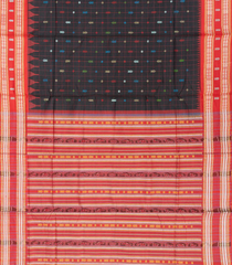 Black Handloom Orissa Silk Saree With Checks & Contrast Red Border-Black