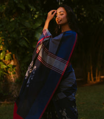 Navy Blue Handloom Orissa Cotton Saree With Tie & Dye Motifs-Navy Blue