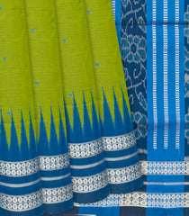 Leafy Green Handloom Orissa Ikat Silk Saree With Blue Border-Leaf Green