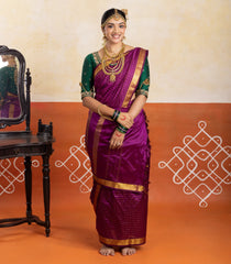 Magenta Handloom Kanchipuram Nine Yards Silk Saree With 16 Muthu Border-KA15968