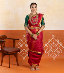 Crimson Handloom Kanchipuram 9 Yards Silk Saree With Floral Buttas-KA15383