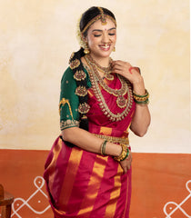 Crimson Handloom Kanchipuram 9 Yards Silk Saree With Floral Buttas-KA15383