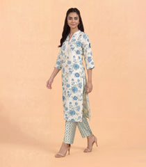 Off-White with Blue Floral Printed Co-Ord Set-RC5692